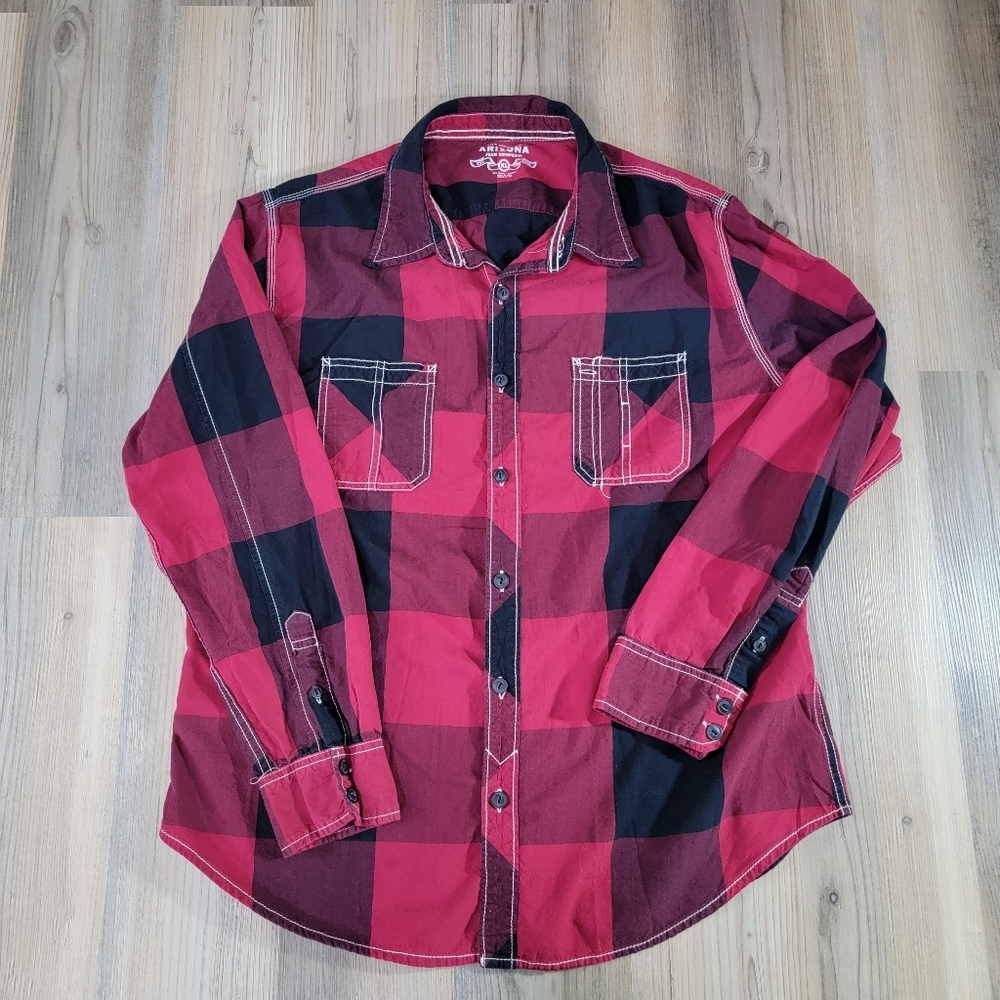 Arizona jeans company 100% cotton shirt Mens size XL Red Black Plaid Button Down